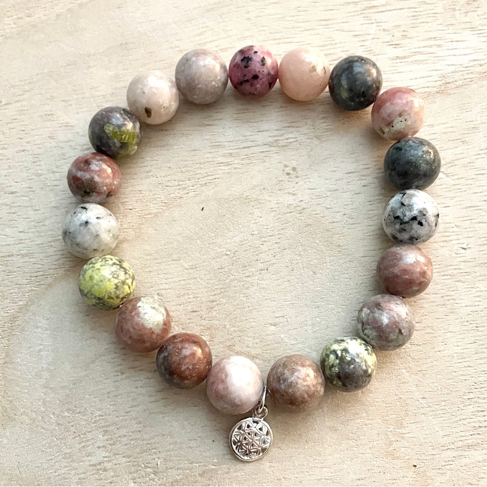 NWT Multi Jasper Beaded Stretch Bracelet Solid Sterling Silver Charm 7.25”
